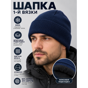 Шапка вязаная 1-й вязки Темно-Синяя 