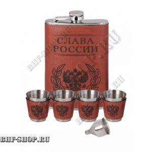 Набор: Нержавеющая фляжка c рюмками "Слава России" U-25, 9 Oz