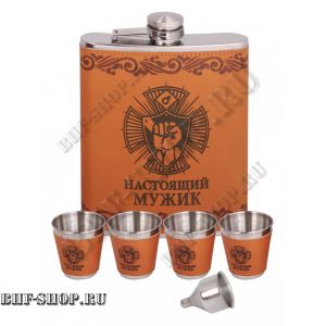 Набор: Нержавеющая фляжка c рюмками "Настоящий мужик" U-23, 18 Oz